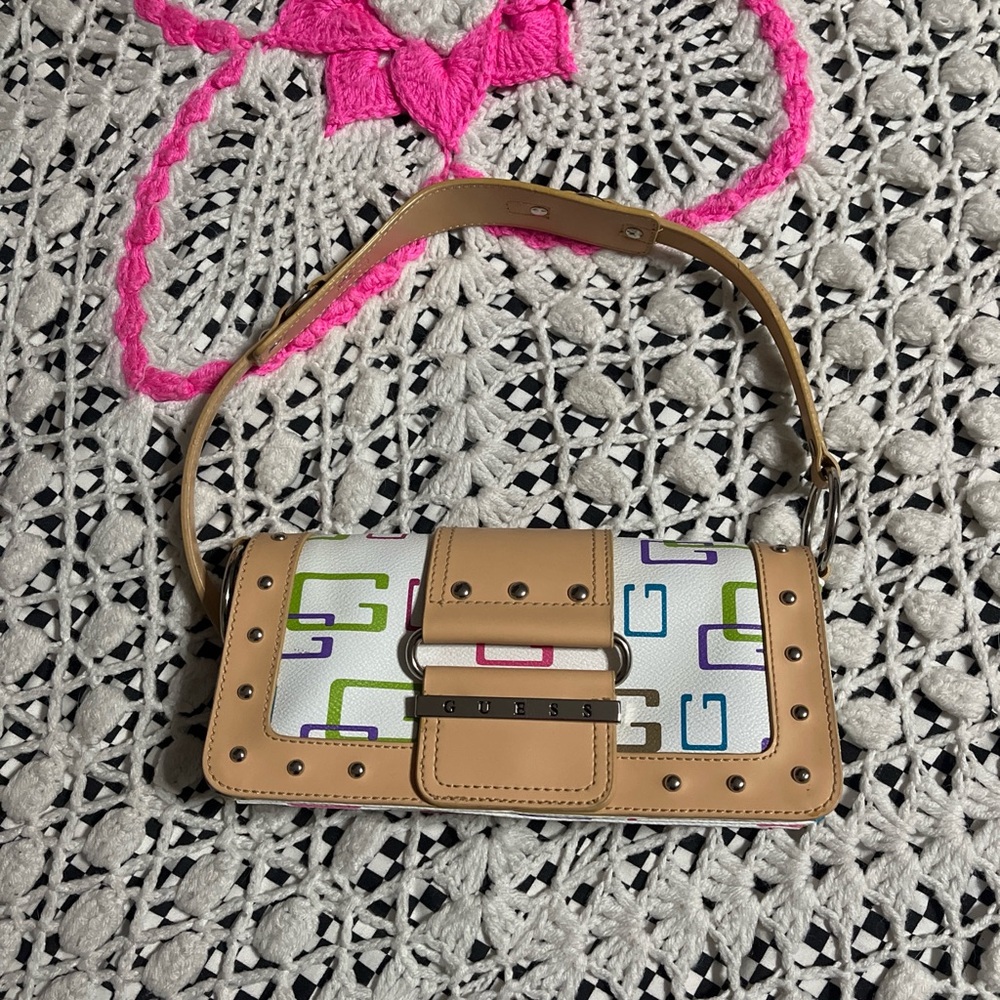 Y2k GUESS Tan Mini Shoulder Bag with Multicolor Logo Pattern